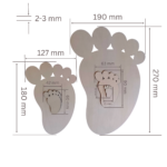 Laser-cut plywood baby footprint shapes with dimensions displayed