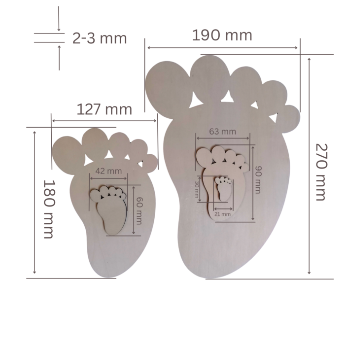 Laser-cut plywood baby footprint shapes with dimensions displayed