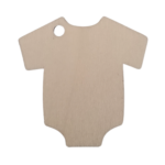 Close-up view of a plywood baby onesie tag with a hole for hanging