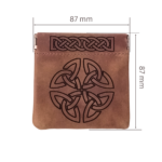 Leather coin pouch with Celtic engraving and dimensions displayed