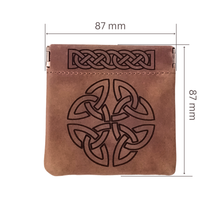Leather coin pouch with Celtic engraving and dimensions displayed
