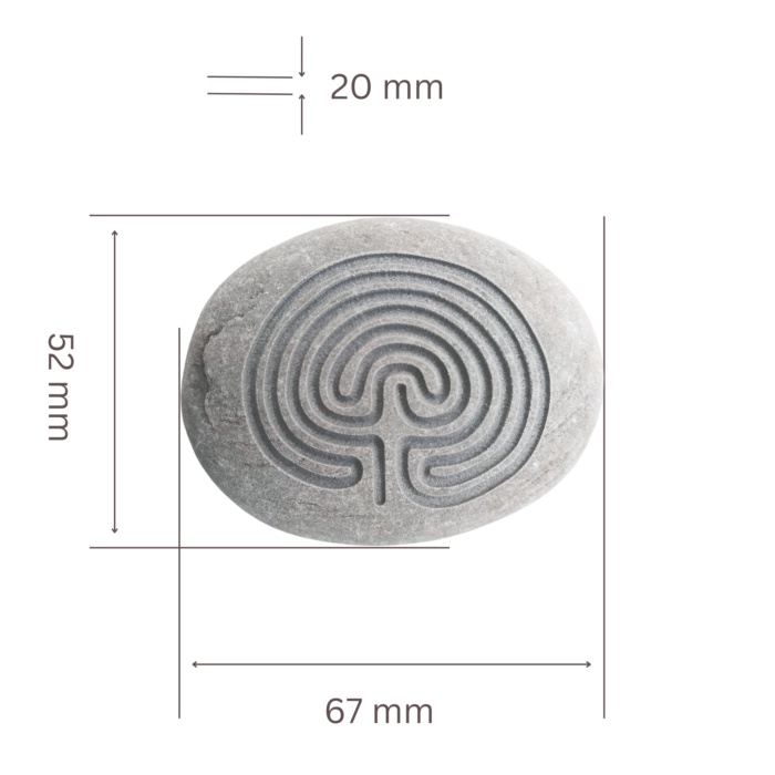 Engraved Cretan Labyrinth stone with exact dimensions: 67mm wide, 52mm tall, and 20mm thick, set against a neutral background.