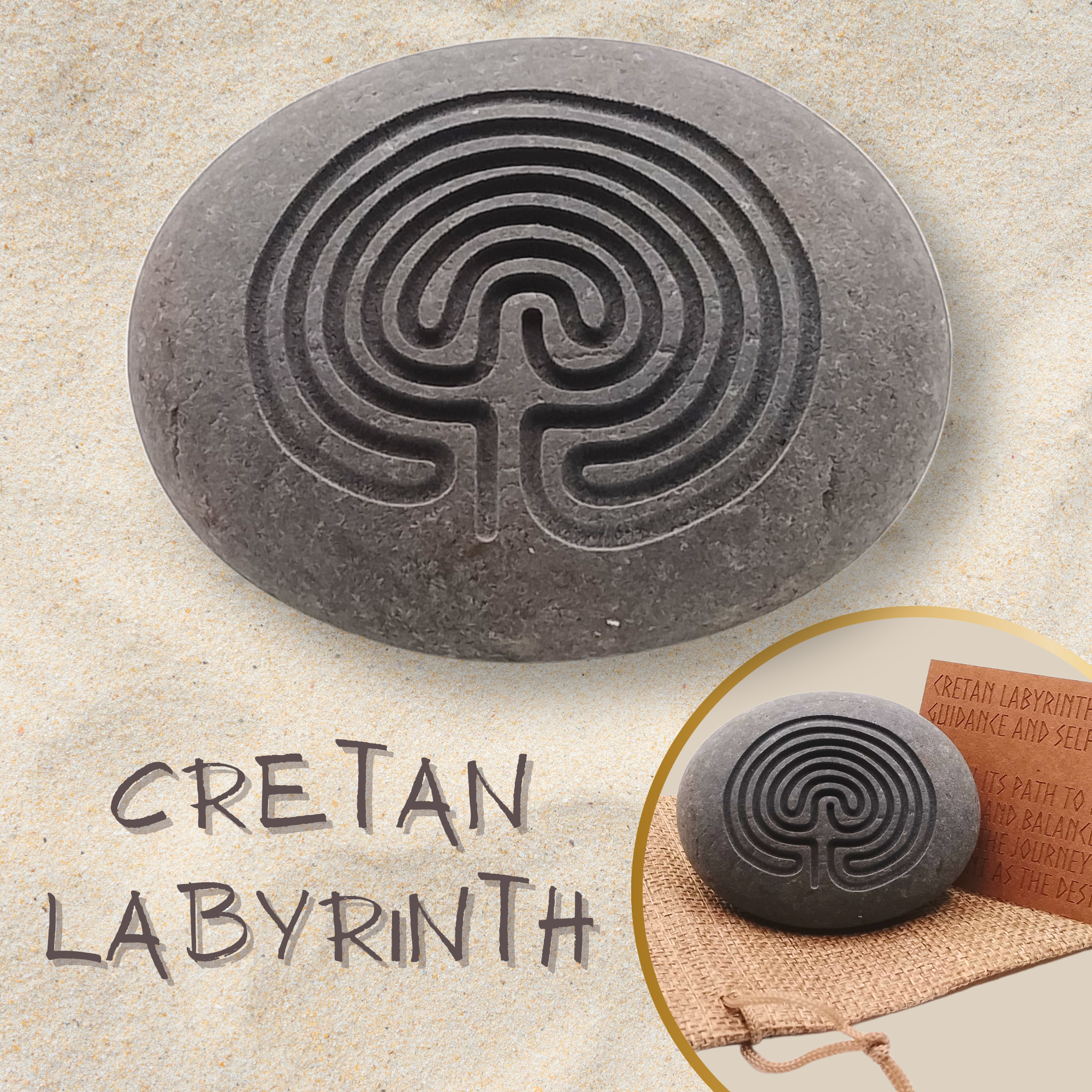 Cretan Labyrinth stone engraving card burlap pouch gift