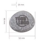 Size reference of a logo engraved stone, with dimensions showing the longest part of the stone. A great eco-friendly promotional gift for businesses.