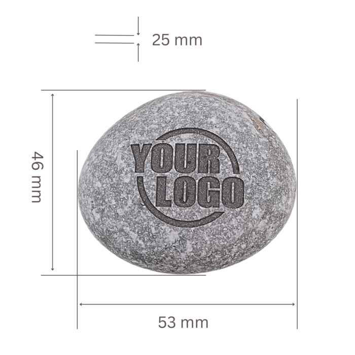 Size reference of a logo engraved stone, with dimensions showing the longest part of the stone. A great eco-friendly promotional gift for businesses.