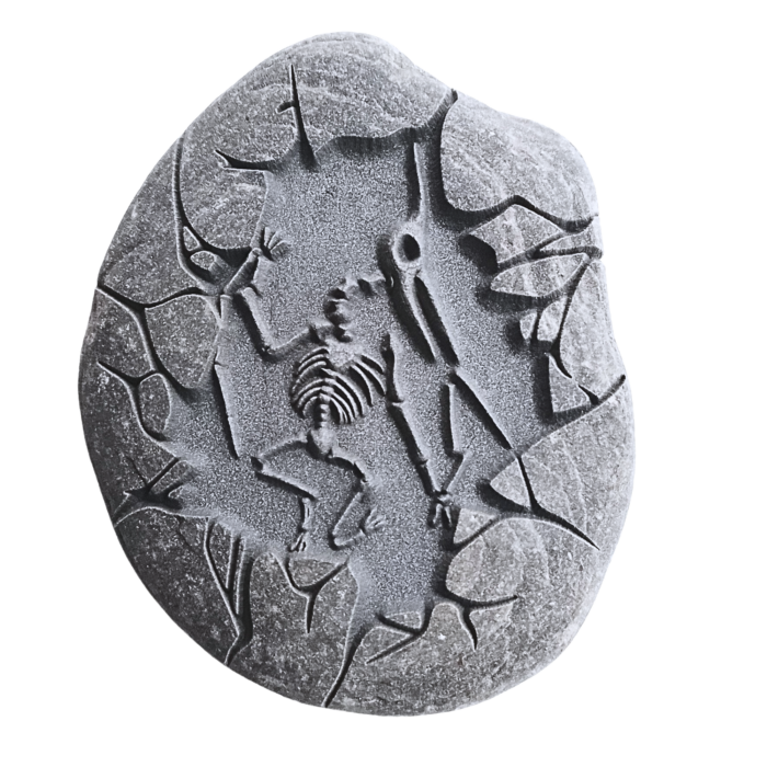Engraved round stone featuring a detailed Pterodactylus fossil design with a cracked surface effect.