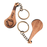 Plywood hurley keychain showing both sides—engraved front and blank back