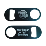 Black metal bottle opener with custom logo engraving