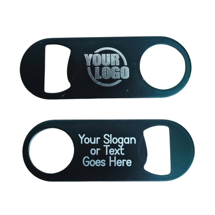 Black metal bottle opener with custom logo engraving