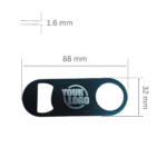 Metal bottle opener with engraved logo and size dimensions