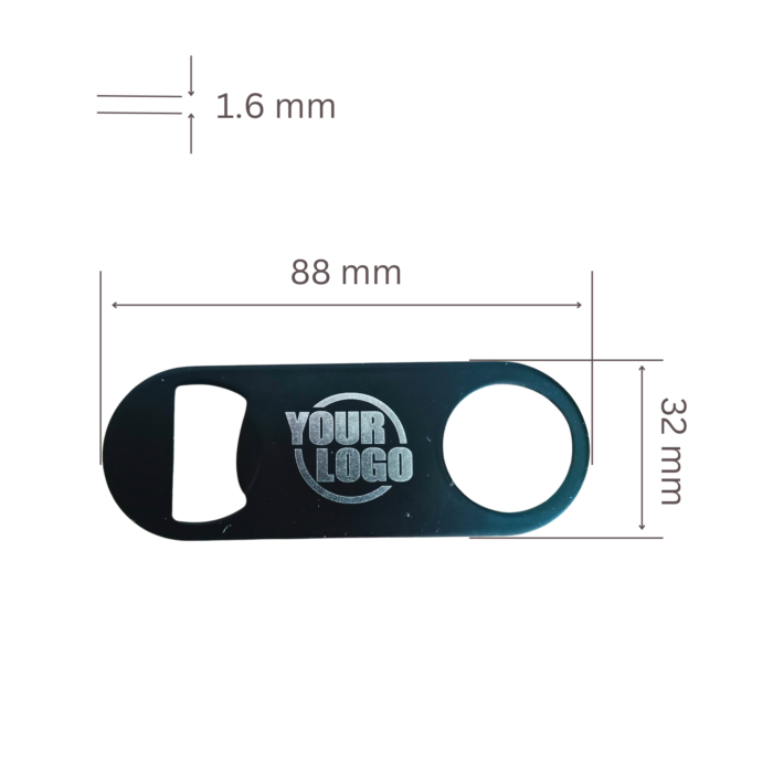 Metal bottle opener with engraved logo and size dimensions