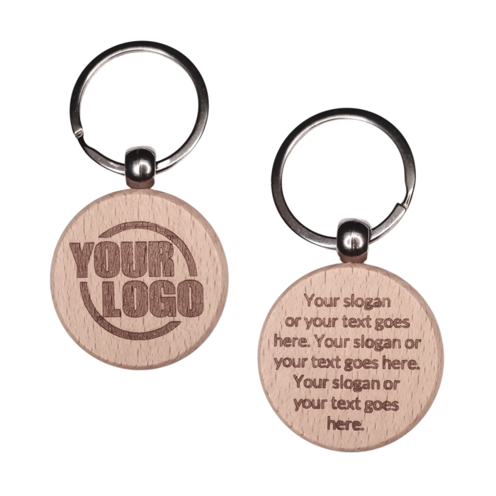 Front and back view of personalised wooden keychain with engraving