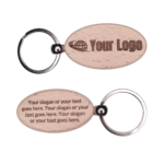 Front and back view of personalised wooden keychain with engraving