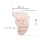 Wooden footprint tag showing dimensions (60 mm height, 40 mm width, 2-3 mm thickness, 4 mm hole).