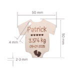 Wooden baby onesie tag showing dimensions (50 mm width, 50 mm height, 2-3 mm thickness, 4 mm hole).