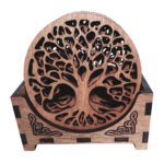 Front view of the coaster set in its storage box, featuring Celtic engravings.