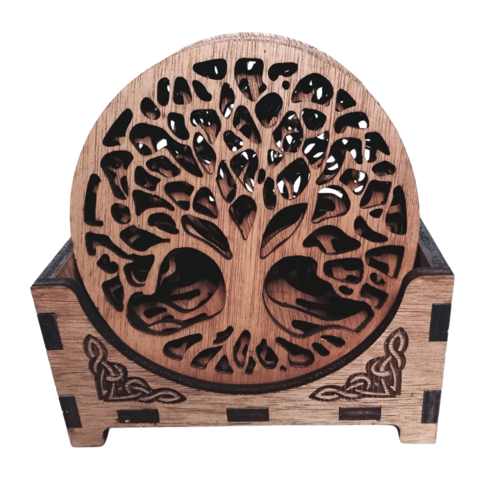 Front view of the coaster set in its storage box, featuring Celtic engravings.