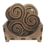 Front view of the coaster set in its storage box, featuring Celtic engravings.