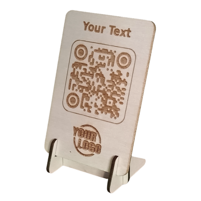 Close-up view of a personalised unfinished plywood QR code sign.