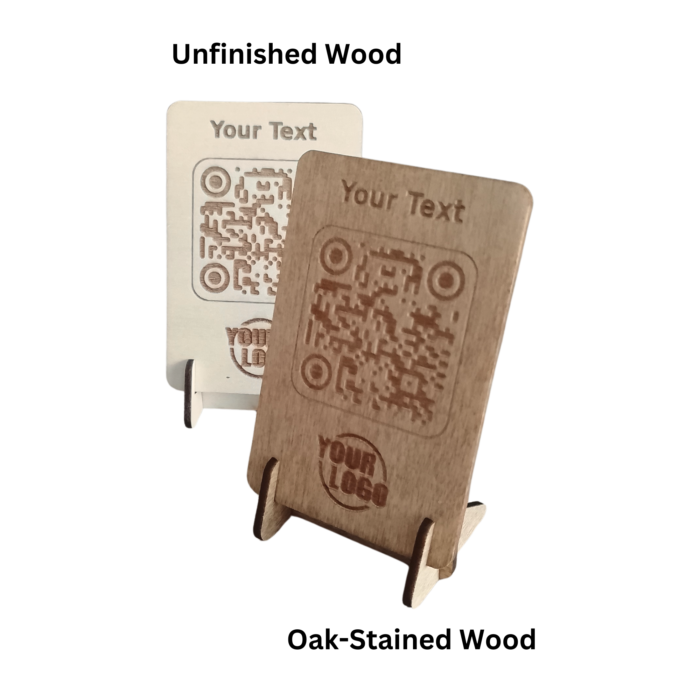 Custom wooden QR code signs in different wood finishes.