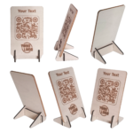 Multi-angle view of a wooden QR code sign with personalised text and logo.