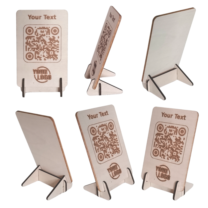 Multi-angle view of a wooden QR code sign with personalised text and logo.