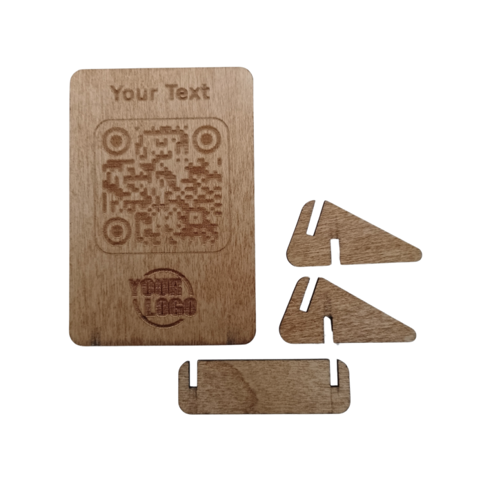 Disassembled wooden QR code sign showing its separate parts.