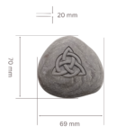 Engraved Triquetra stone with exact dimensions: 69mm wide, 70mm tall, and 20mm thick, against a dark background.