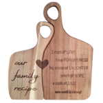 Engraved acacia cutting board set with "Our Family Recipe" design and full text.