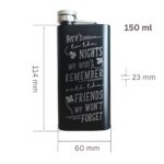 Black custom flask with exact dimensions labelled: 114 mm height, 60 mm width, 23 mm depth, 150 ml capacity.