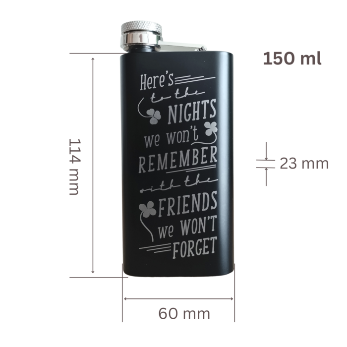 Black custom flask with exact dimensions labelled: 114 mm height, 60 mm width, 23 mm depth, 150 ml capacity.