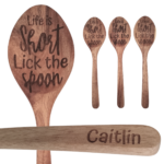 Engraved wooden personalised gift spoon with "Life is Short, Lick the Spoon" design.