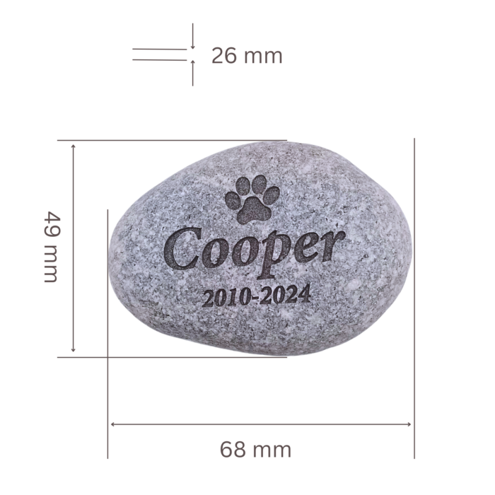 Personalised pet memorial stone with paw print, name, and years, including size dimensions.