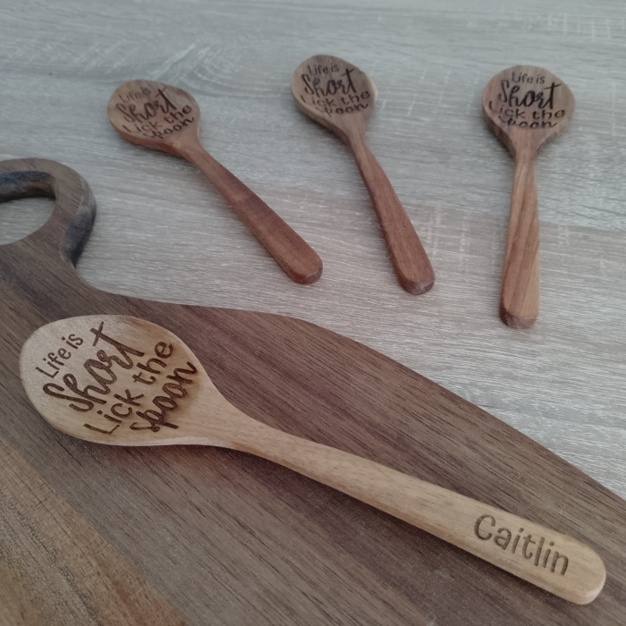 Custom name engraved on the wooden personalised gift spoon handle.