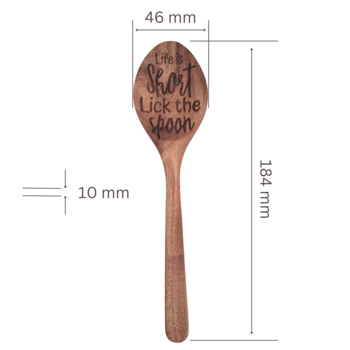 Engraved wooden personalised gift spoon with detailed size measurements.